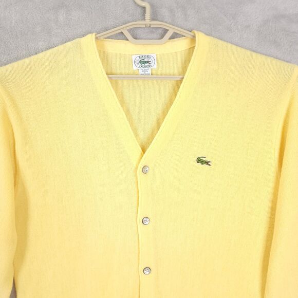 Vintage 80s Izod Lacoste Yellow Cardigan Sweater Large Mens Made In USA Buttons - Picture 3 of 13